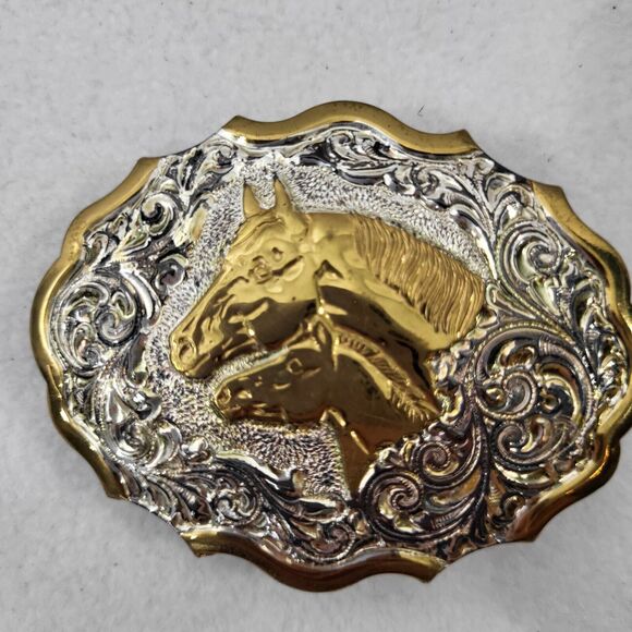 Vintage Crumrine Heavy Silver On Jewelers Bronze Reno Wild Horses Belt Buckle - Picture 5 of 6